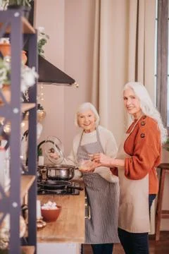 Two elderly women standing in the kitchen Stock Photos