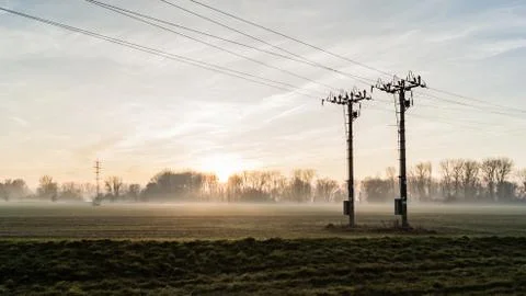 Two electric pole posts on the field Stock Photos