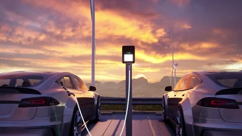 Two Electric Vehicles Rear View at Charging Station Dramatic Sunset Stock Footage 337812739