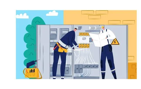 Two electricians working on an electrical panel indoors, one checking wires, the Иллюстрация