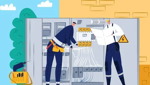 Two electricians working electrical panel indoors, one checking wires, reading 스톡 일러스트