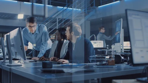 Two Electronics Development Engineer Working on Computer, Talks with Manager Stock Footage 104596155
