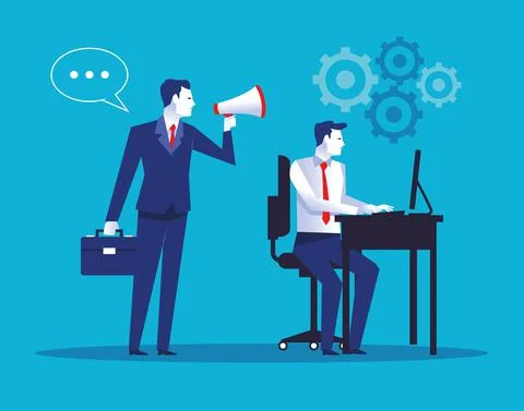 Two elegant businessmen workers using desktop with megaphone characters 스톡 일러스트