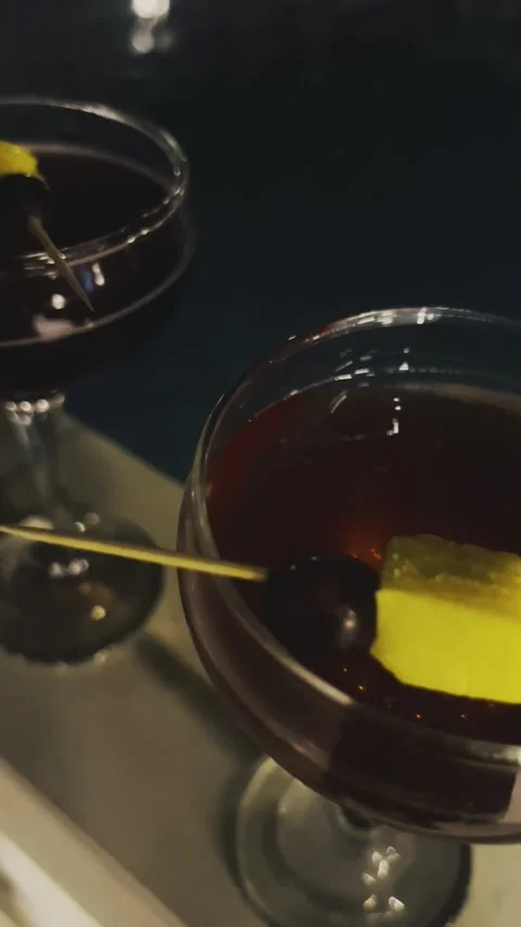 Two elegant glasses of dark red cocktail with garnish on a bar Stock Footage 345145980