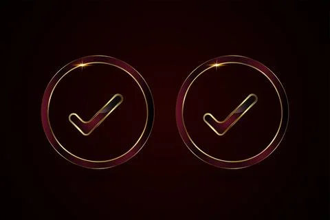 Two elegant golden checkmarks, each enclosed in a glossy circular frame. Th.. Stock Illustration
