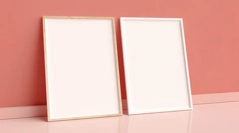 Two elegant photo frames mockup on the floor leaning against the wall in 3D r Stock Photos
