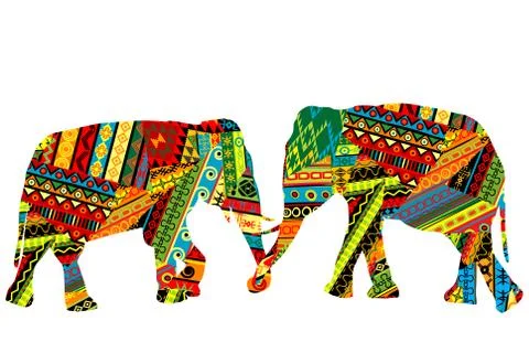 Two elephants in the ethnic motifs pattern Stock Illustration