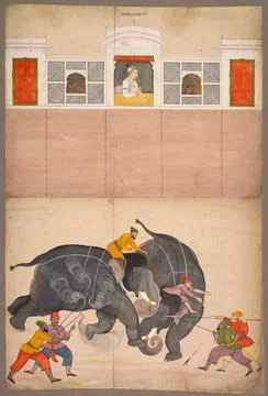Two Elephants Fighting in a Courtyard Before Muhammad Shah, c. 1730-40. Att.. Stock Illustration