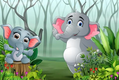 Two elephants in the forest with dry tree branches background Stock Illustration
