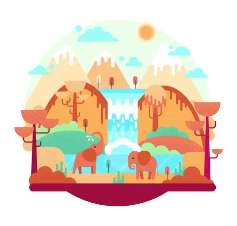 Two elephants near waterfall - vector cartoon illustration. Stock Illustration