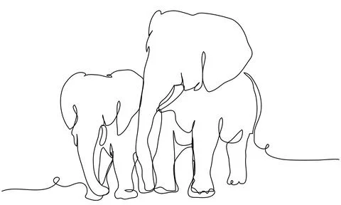 Two elephants in one line on a white background. Pair of minimalist animals.. Ilustração Stock