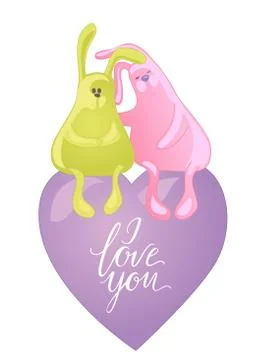 Two embracing rabbits isolated on white background. Cute animals hugs. Stock Illustration
