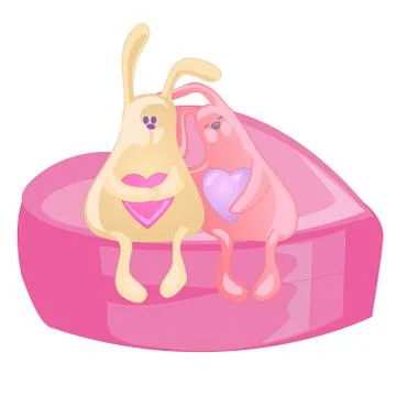 Two embracing rabbits sitting on a big pink heart. Isolated on white Stock Illustration