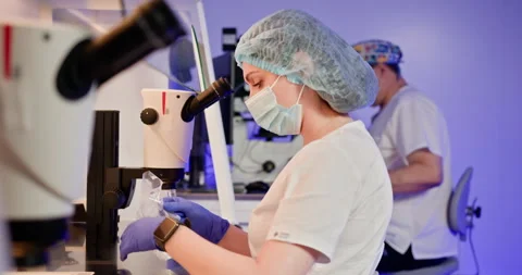 Two embryologists in a laboratory performing artificial fertilization using Stock Footage 276416665