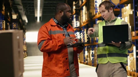 Two employees checking parcel status on package tracking interface Stock Footage 332909467