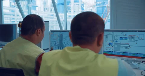 Two employees of the enterprise sit in the control room in front of the monitors Stock Footage 161966311