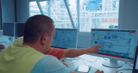 Two employees of the enterprise sit in the control room in front of the monitors Stock Footage 161976874