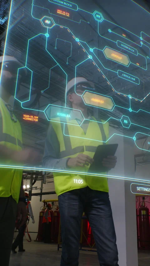 Two employees in VR headsets watch details of wind turbine using 3D hologram Stock Footage 273124235