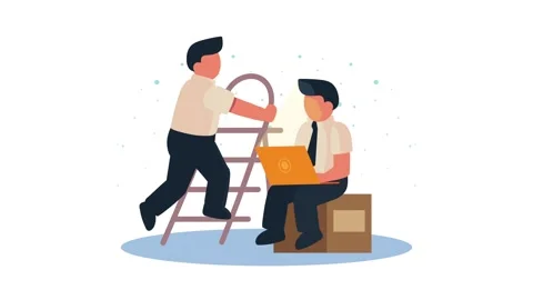 Two employees working together in office with laptop and ladder representin.. Stock Footage 339085563