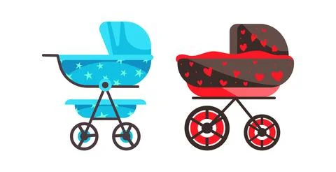 Two empty baby strollers, decorated with stars and hearts respectively, ready Illustrazione stock