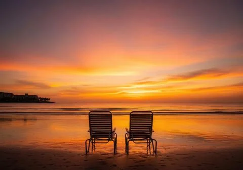 Two empty beach chairs on wet sand facing a tranquil sunset over the ocean Stock Photos