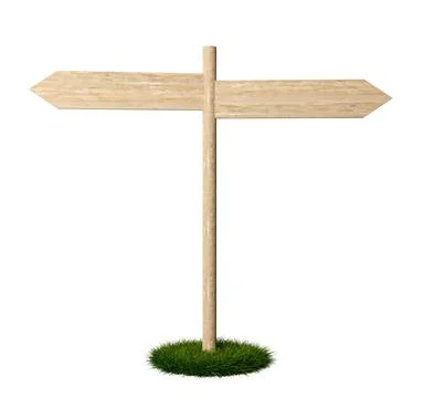 Two empty, blank wooden arrow signs on green grass patch pointing in differ.. Illustrazione stock