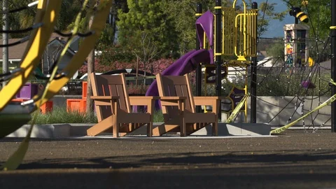 Two Empty Chairs at Playground Closed due to Coronavirus Stock Footage 128610673