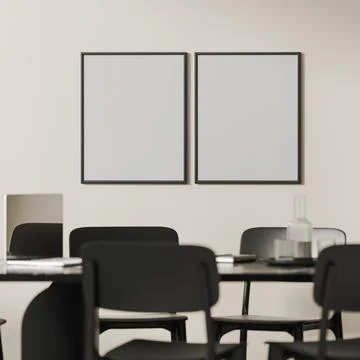 Two empty frames above office  conference table with laptop and notebooks, .. Stock Illustration