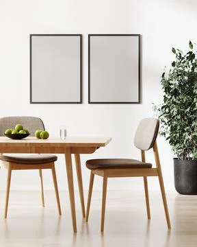 Two empty frames mockup, stylish room interior with table and chairs, green p Stock Illustration