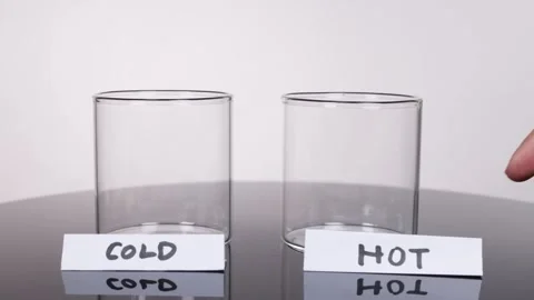 Two empty glasses labeled cold and hot, ready for a science experiment demo.. Stock Footage 333035961