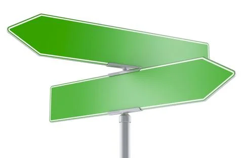 Two empty green traffic road sign arrows, opposite traffic signs, 3D renderin Stock Illustration