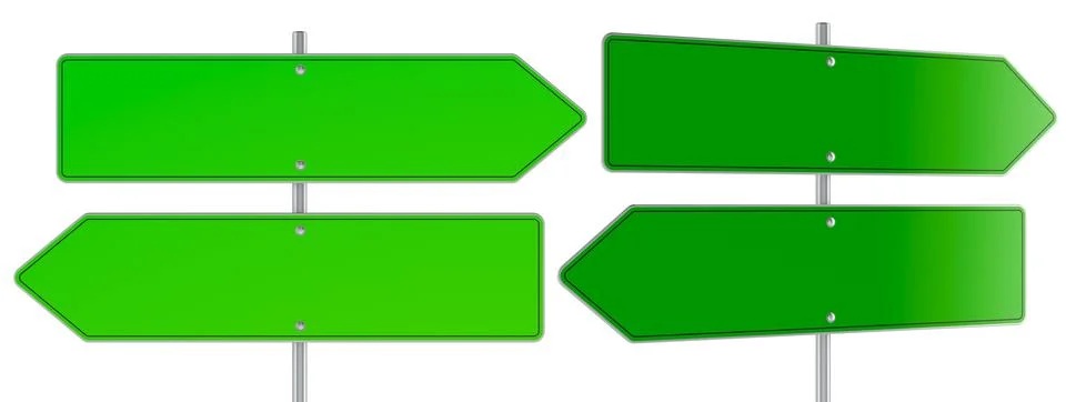 Two empty green traffic road sign arrows, opposite traffic signs. Side and .. Stock Illustration