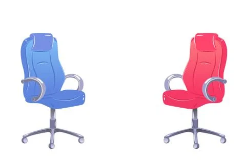 Two empty office chairs. Nobody on Red and blue chair. Copy space for text Stock Illustration
