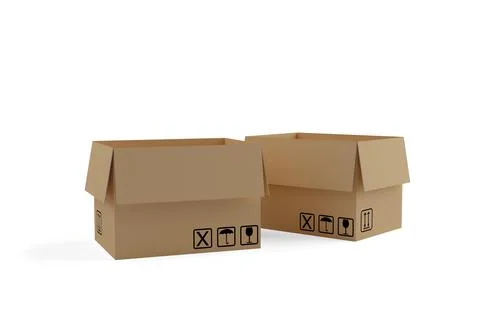 Two empty open corrugated cardboard boxes or cardboxes over white background, イラスト素材