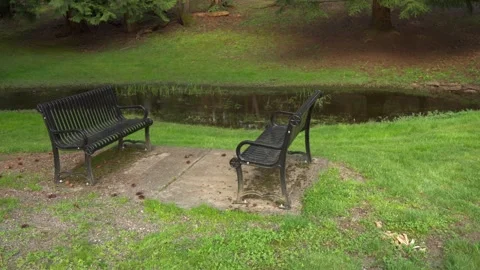 Two empty park benches by the pond on a quiet spring day Stock Footage 320376297