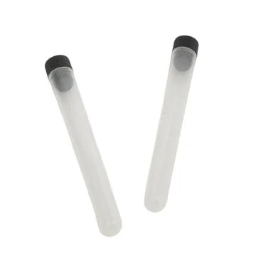 Two empty plastic test tubes with black caps isolated on white background. .. Stock Photos