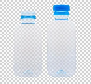Two empty plastic water bottles with blue caps isolated on transparent back.. Stock Photos