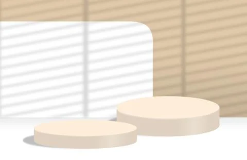 Two empty round podiums on white and beige background with shadow of window Stock Illustration