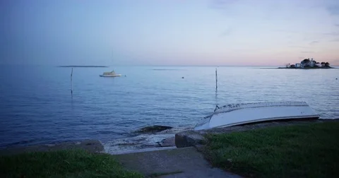 Two empty seats with a beautiful view of the Atlantic Ocean in Branford, Stock Footage 72988863