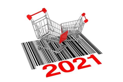 Two Empty Shopping Carts over Abstract Bar Code with New 2021 Year Sign. 3d R Stock Illustration