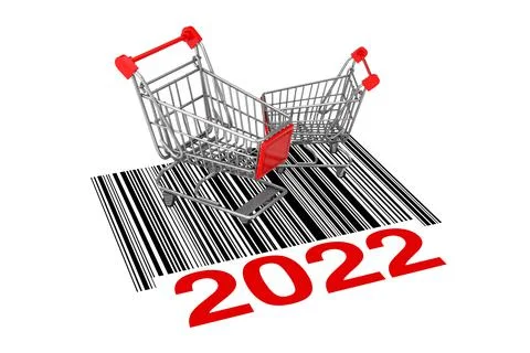 Two Empty Shopping Carts over Abstract Bar Code with New 2022 Year Sign. 3d R Stock Illustration
