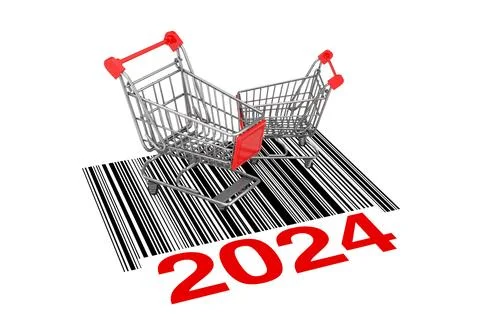 Two Empty Shopping Carts over Abstract Bar Code with New 2024 Year Sign. 3d.. Stock Illustration