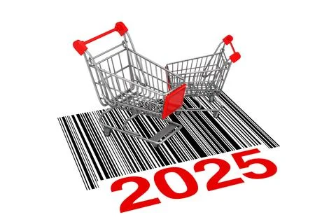 Two Empty Shopping Carts over Abstract Bar Code with New 2025 Year Sign. 3d.. Illustrazione stock