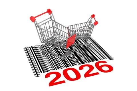 Two Empty Shopping Carts over Abstract Bar Code with New 2026 Year Sign. 3d.. Illustrazione stock