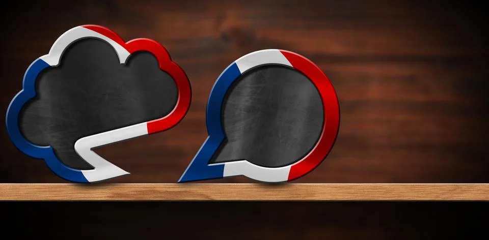 Two Empty Speech Bubbles with French Flag on a Wooden Shelf イラスト素材