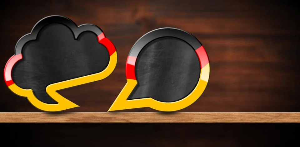 Two Empty Speech Bubbles with German Flag on a Wooden Shelf イラスト素材