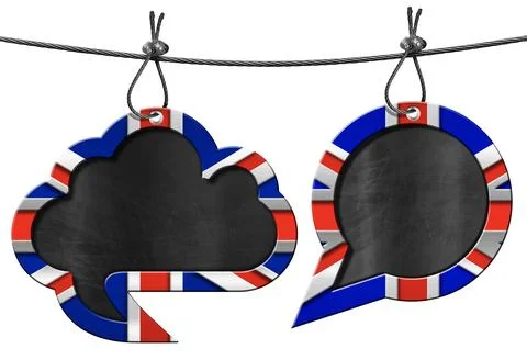 Two Empty Speech Bubbles with UK Flag Isolated on White Background Illustrazione stock