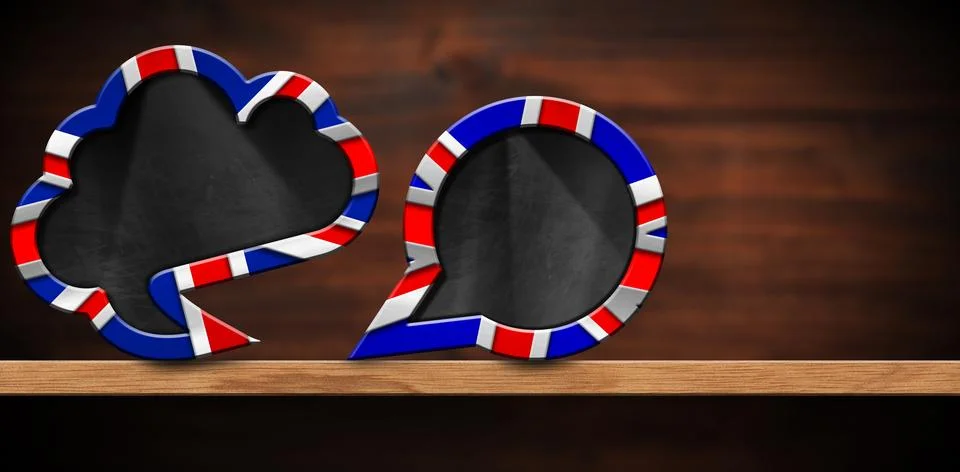 Two Empty Speech Bubbles with UK Flag on a Wooden Shelf Illustrazione stock