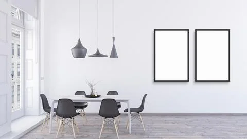 Two empty vertical black frames mock up design in a bright dining room with Stock Illustration