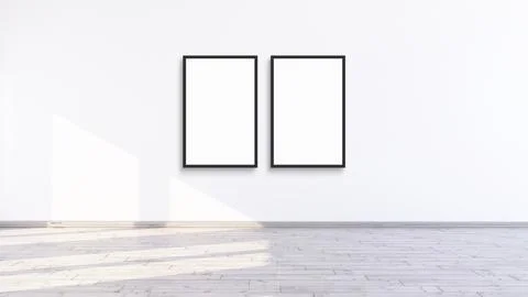 Two empty vertical modern black frame mock up, 3d illustration white wall render Stockillustratie